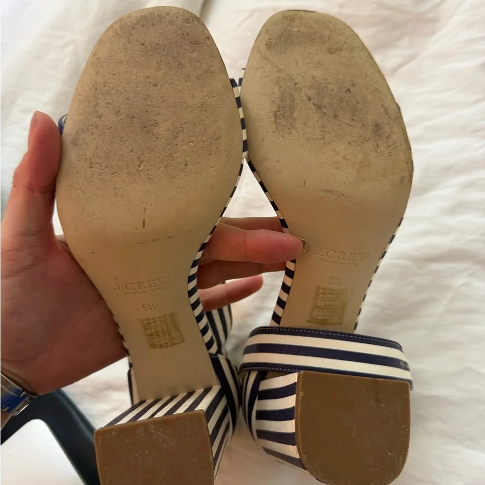 J Crew Striped Ankle-Strap Block Heel Sandals - Navy & Cream